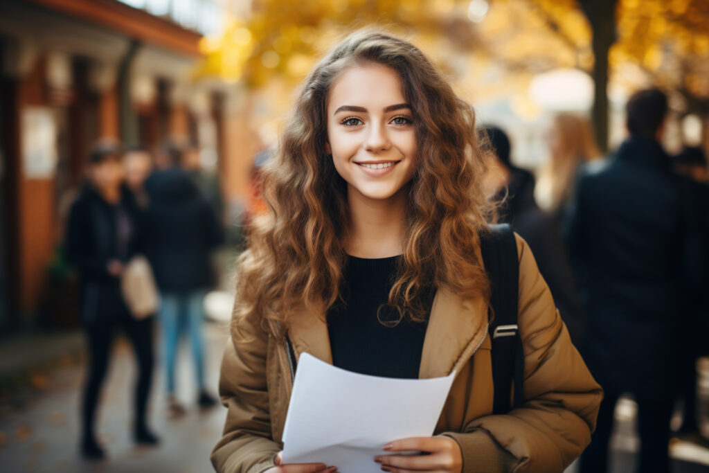 Studying in college, academic year concept. Pretty caucasian female student holding papers abstracts outdoors, portrait young smiling curly woman at university campus outside looking at camera